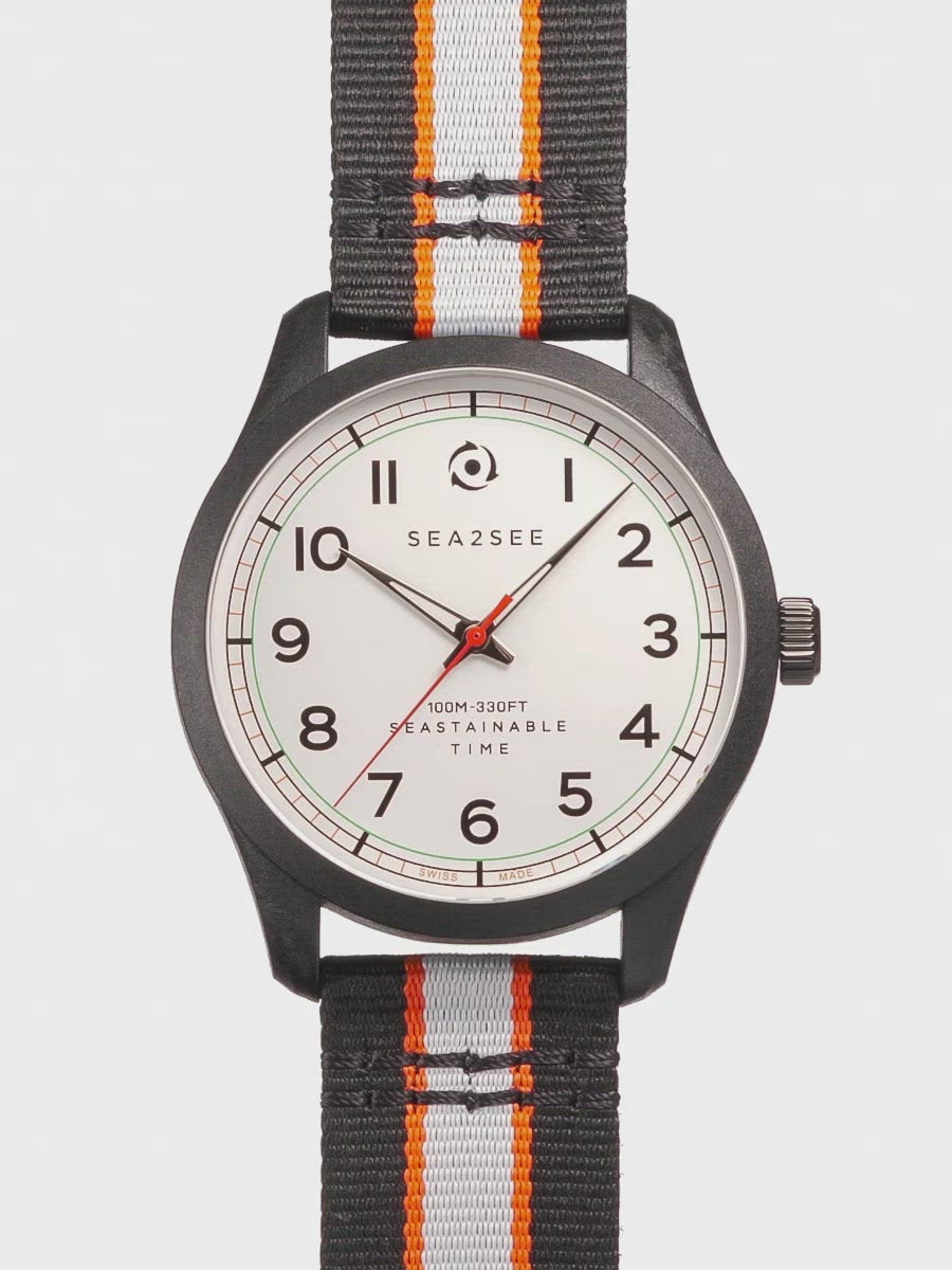 CASE: BLACK | STRAP: BLACK/ORANGE/GREY | DIAL: WHITE | SIZE: 41 MM